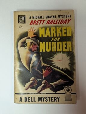 3/$15 📚 Marked for Murder by Brett Halliday - 1949 Vintage Dell Mapback #303 📖